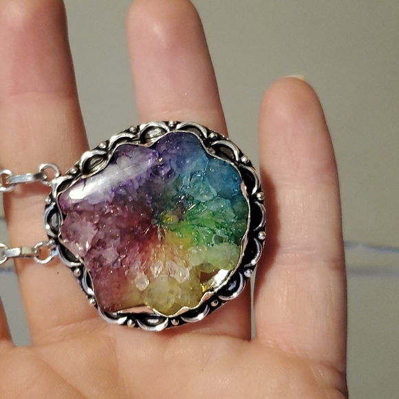 New Rainbow Solar Quartz Agate Druzy & Citrine 925 Silver Necklace. - Picture 3 of 4